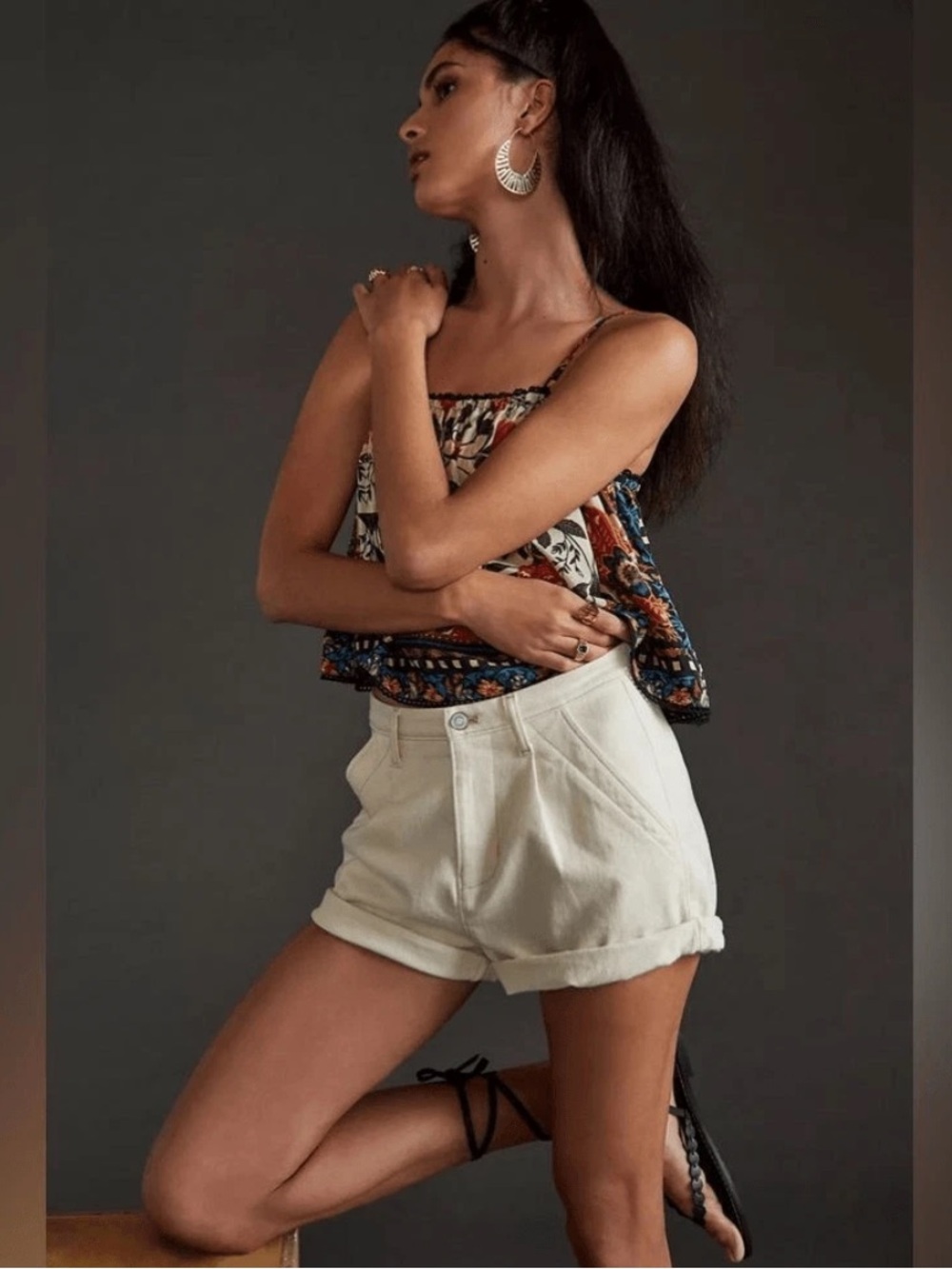 Anthro Women’s Cream High-Waist Pilcro Rolled Hem Shorts